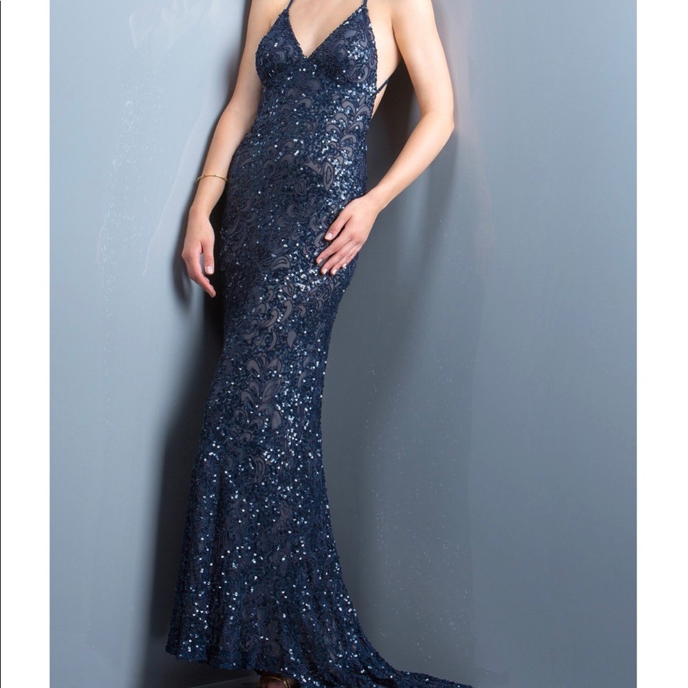 Scala Navy Sequin Prom Dress